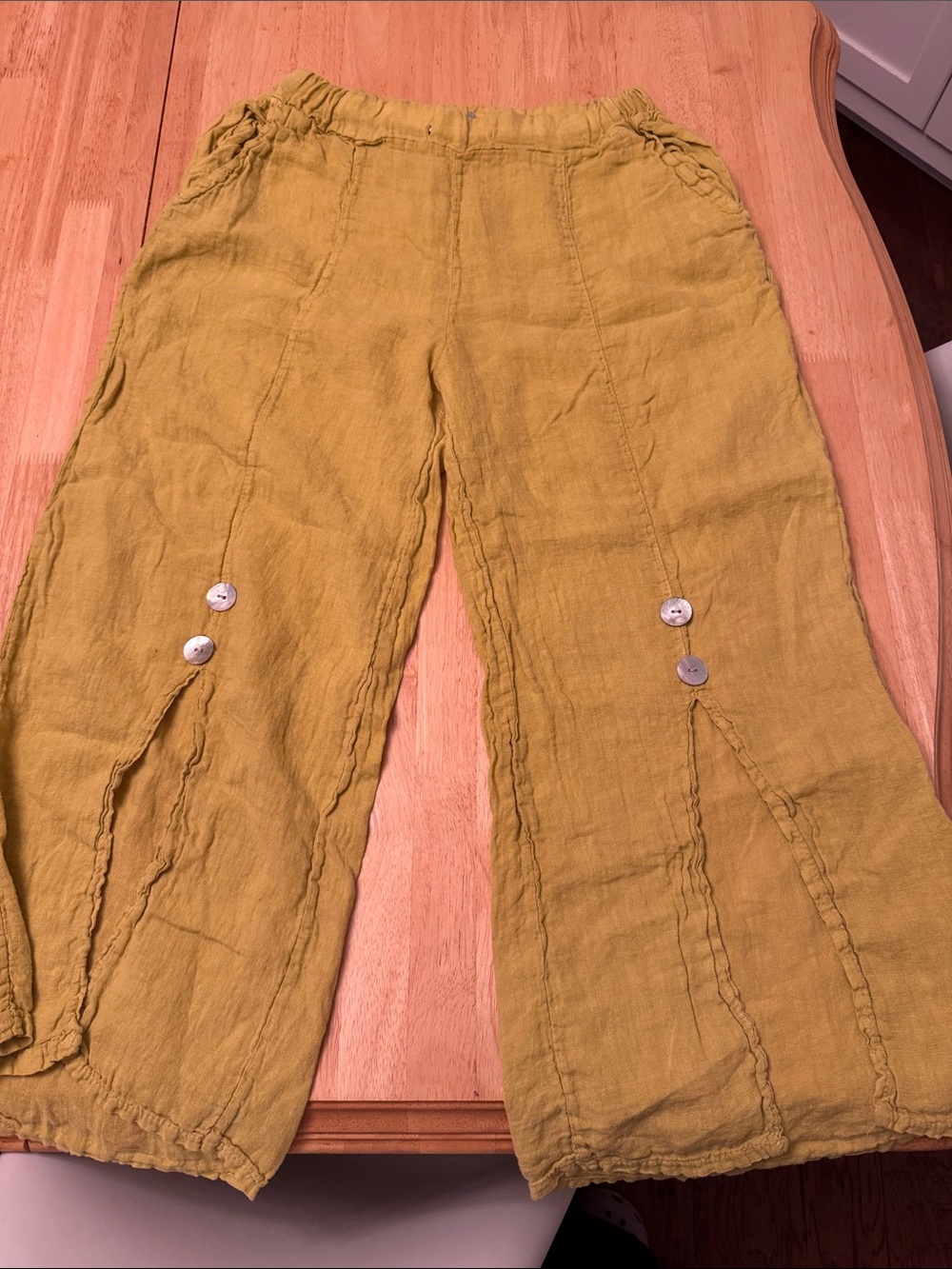 Relaxed Wide-Leg Linen Pants in Mustard with Button Accent